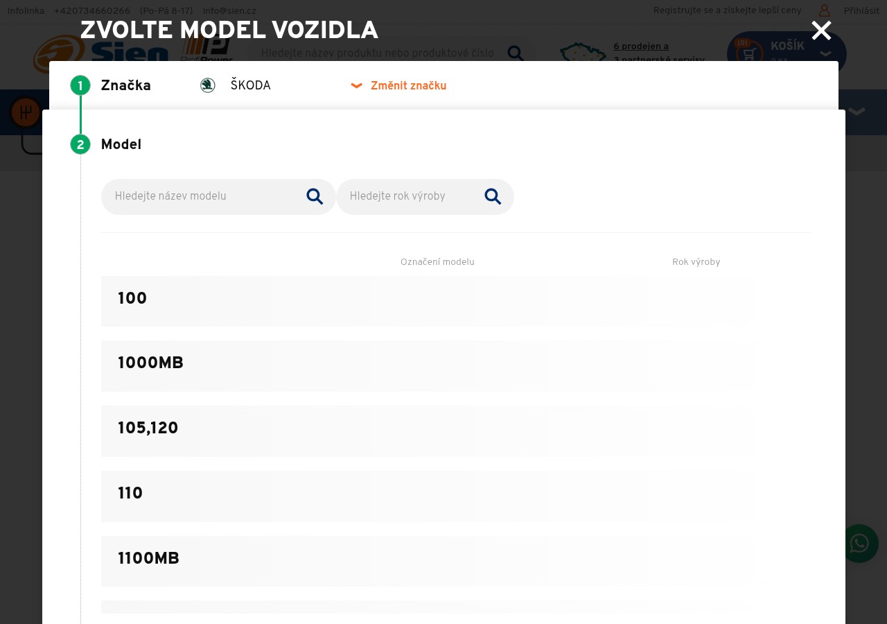 Výběr vozidla v e-shopu – modal „Zvolte model vozidla“: krok 1 značka, krok 2 model